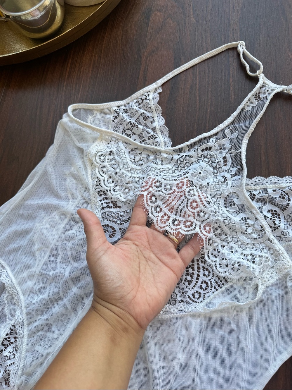 Classic Lace Sheer Bodysuit with Back Lace Detail - White
